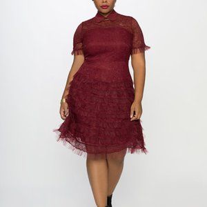 Eloquii Studio Lace Ruffle Dress in Wine